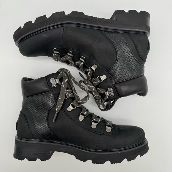 Sorel Lennox Hiker Black Leather Snake Lace Up Lug Sole Boot Size 8.5 - Picture 7 of 12